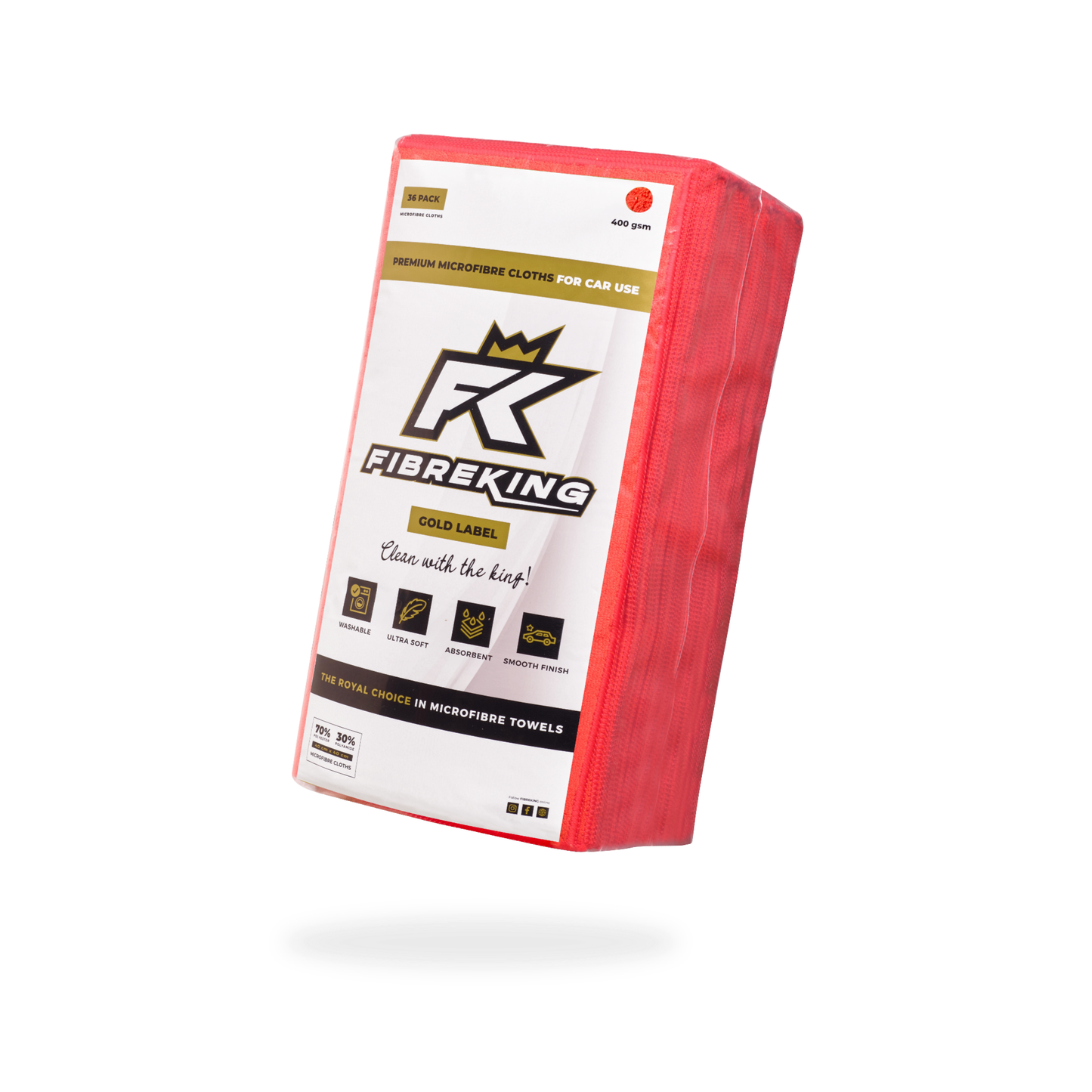 A red rectangular pack of FibreKing Gold Label 400GSM microfibre cloths (36 pack) for cars, shown against a white background.