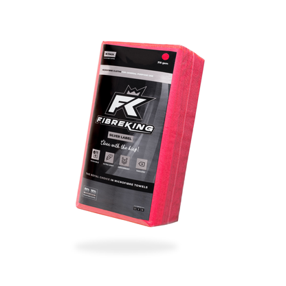 A box of FibreKing Silver Label 315GSM red microfibre cloths (10 packs of 36), ideal for car detailing, shown on a white background.