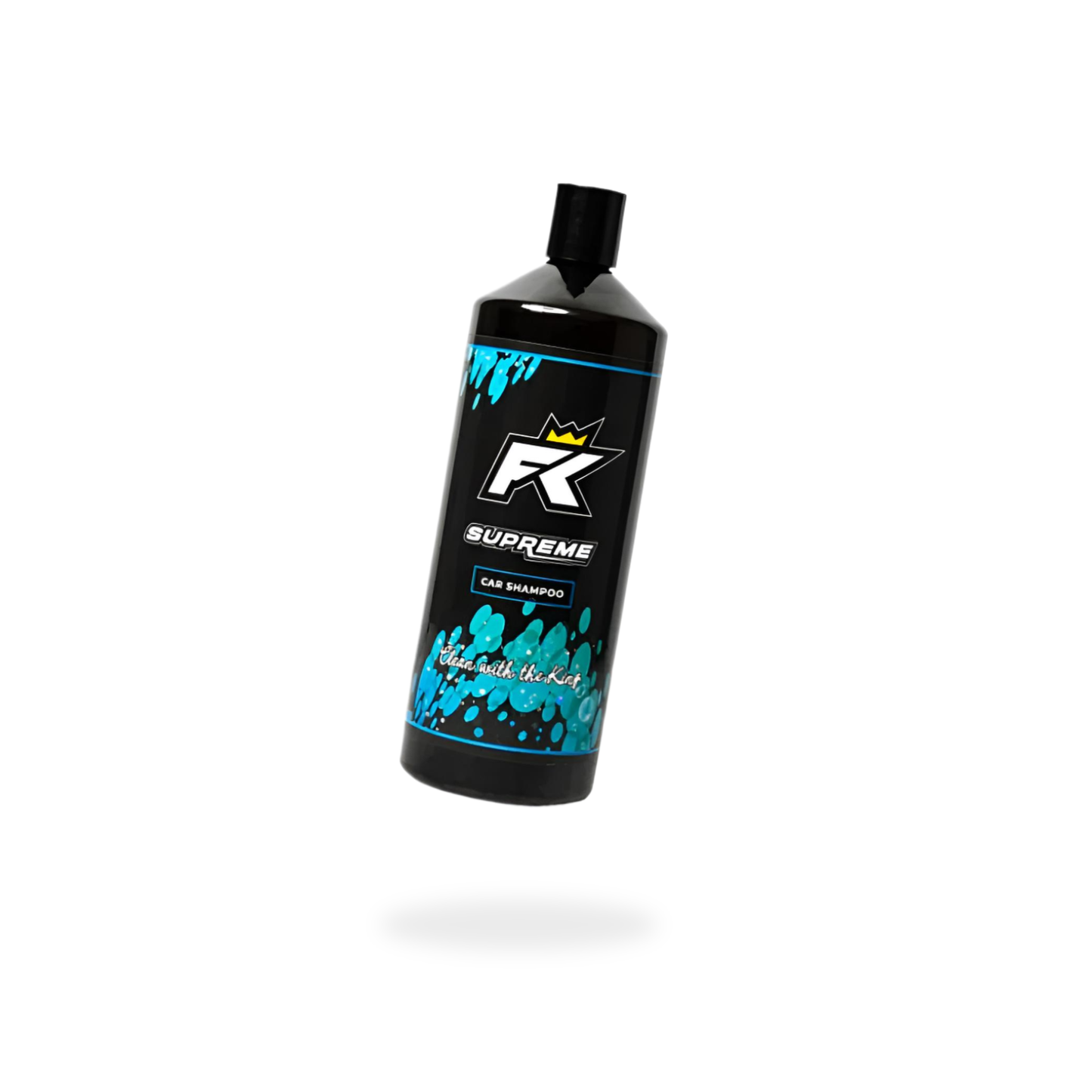 A black bottle of FibreKing Supreme - Car Shampoo, pH-neutral, with blue accents and a crown logo, is shown isolated on a white background with a subtle shadow underneath.