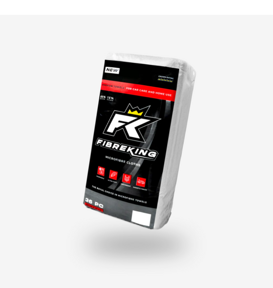 A pack of 36 FibreKing Silver Label 325GSM microfibre cloths, scratch-free and suitable for car care and home use, comes in black packaging with yellow and white text.
