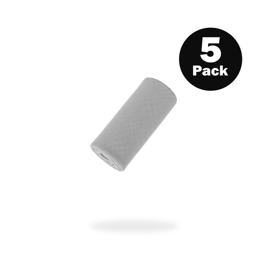 A single rolled gray FibreKing Soft Edgeless Multi-Purpose Microfibre Cloth with a "5 Pack" black circle label, perfect for scratch-free cleaning.
