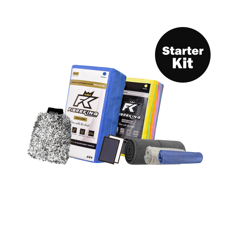 The FibreKing Car Cleaning Microfibre Starter Kit includes microfibre cloths, a wash mitt, drying towels, a sponge, and a small brush—ideal for any car detailing kit.