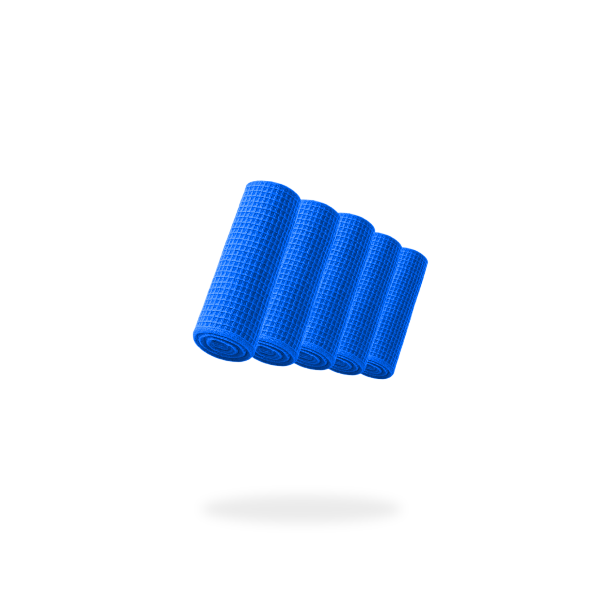 A blue yoga mat is rolled up next to a 5-pack of FibreKing Waffle Weave Towels.