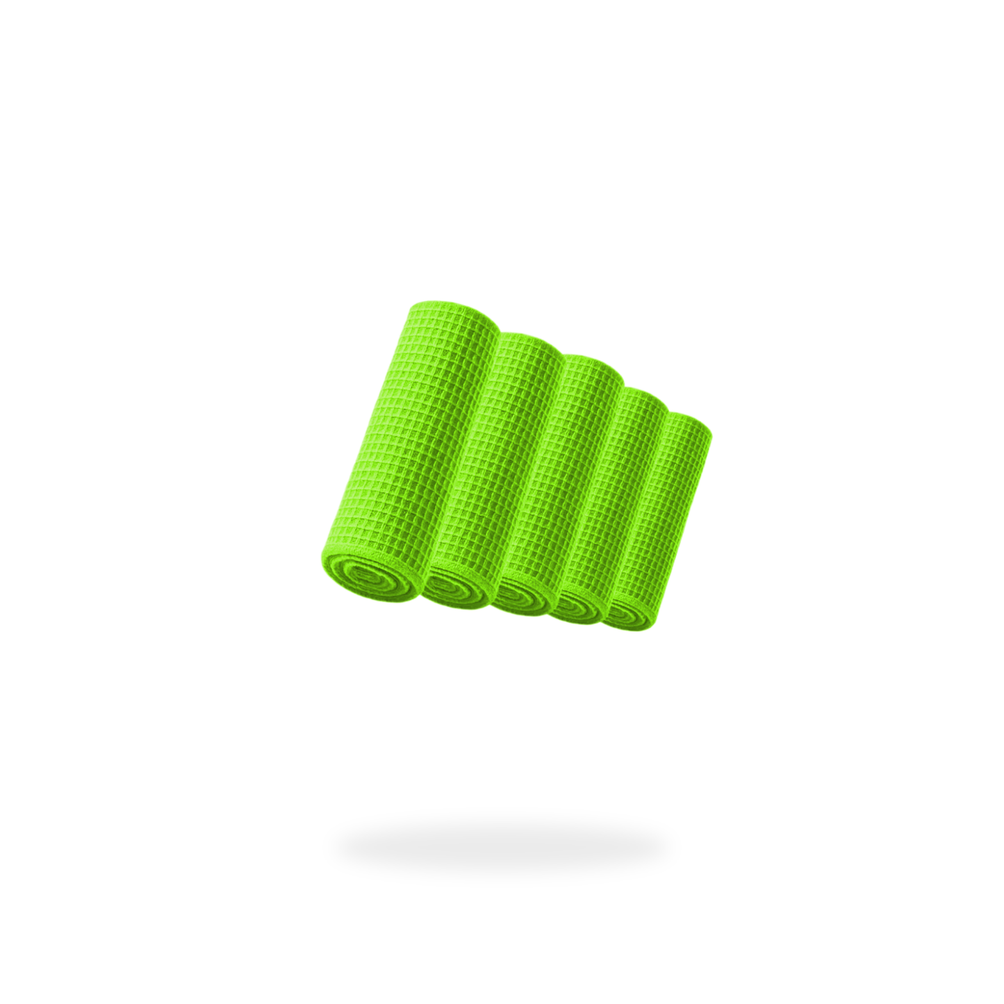 Five FibreKing Waffle Weave Towels (5 Pack) are arranged in a row against a white background with a faint shadow beneath them, resembling neatly stacked microfiber towels.