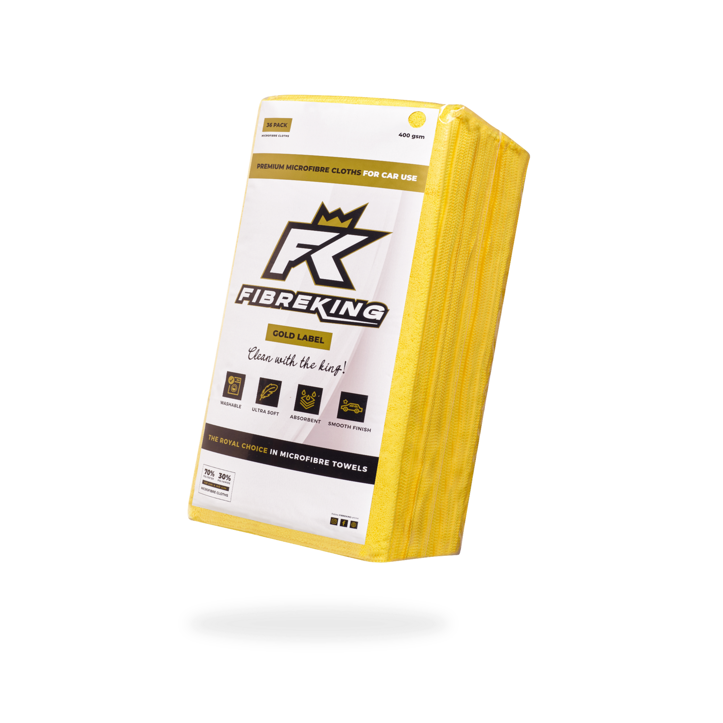 A yellow-edged FibreKing Gold Label 400GSM microfibre cloth box (6 packs of 36) for cars, with product details and branding on the front.