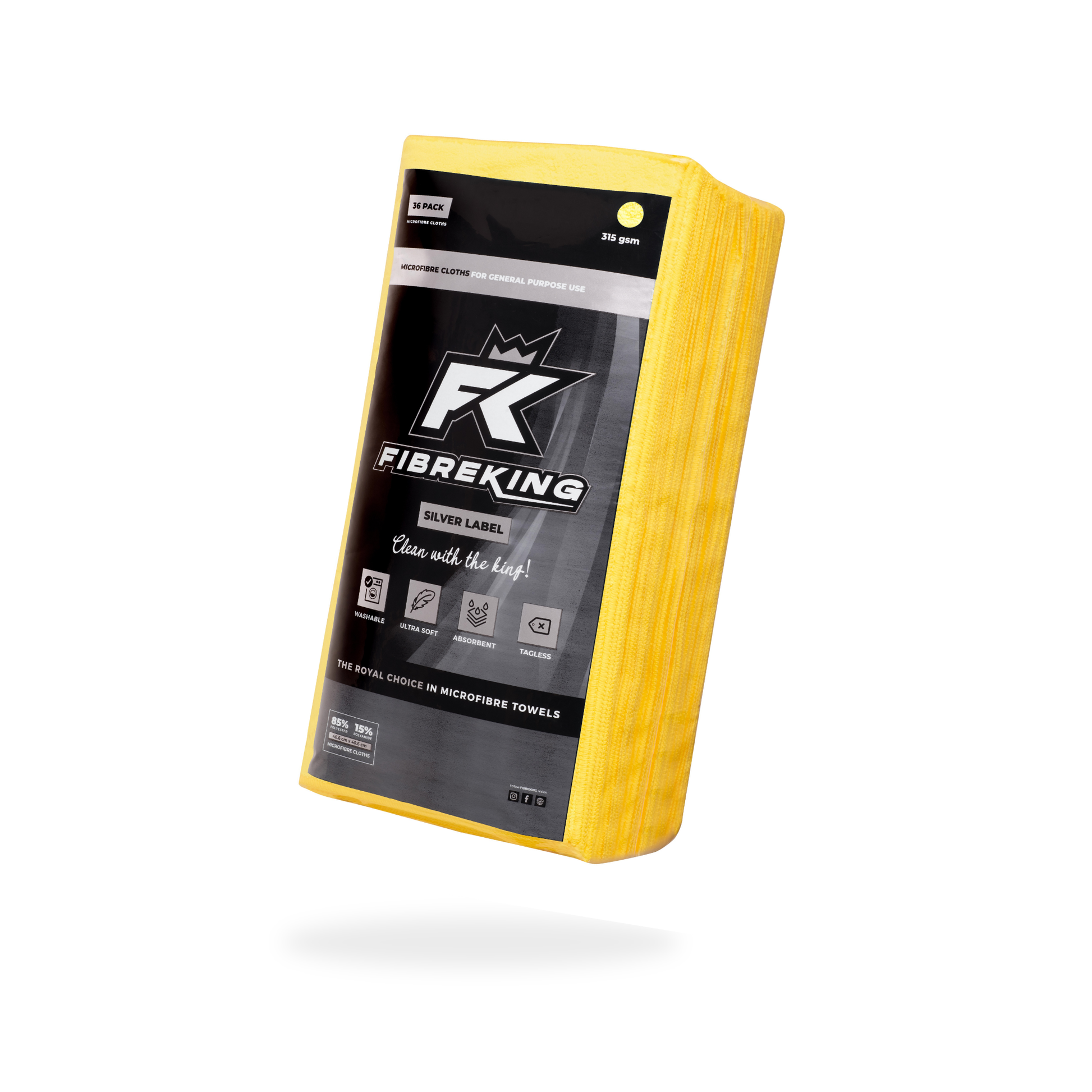 A box of FibreKing Silver Label 315GSM microfibre cloths (10 packs of 36), yellow color, with distinctive black and silver packaging, displayed on a white background.